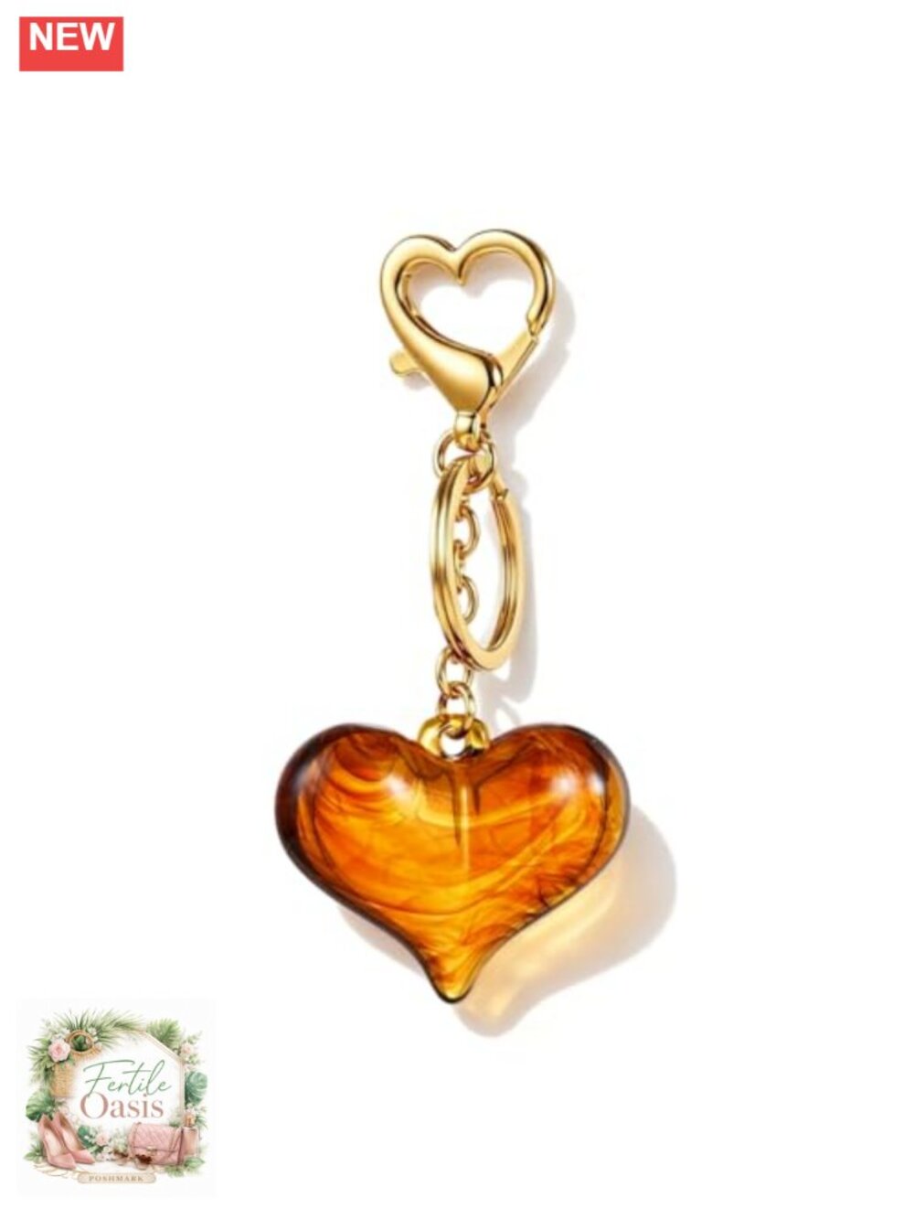 Amber Heart Keychain Bag Charm Gold-tone Clasp Acrylic Purse Accessory